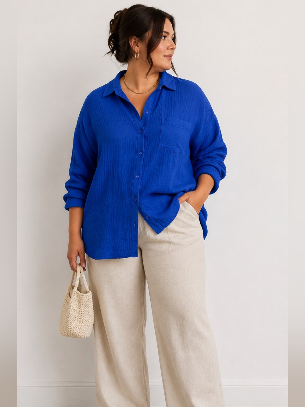 Rachel Roy gauze cotton Classic Button-Up Shirt in Royal Blue Women sz XL